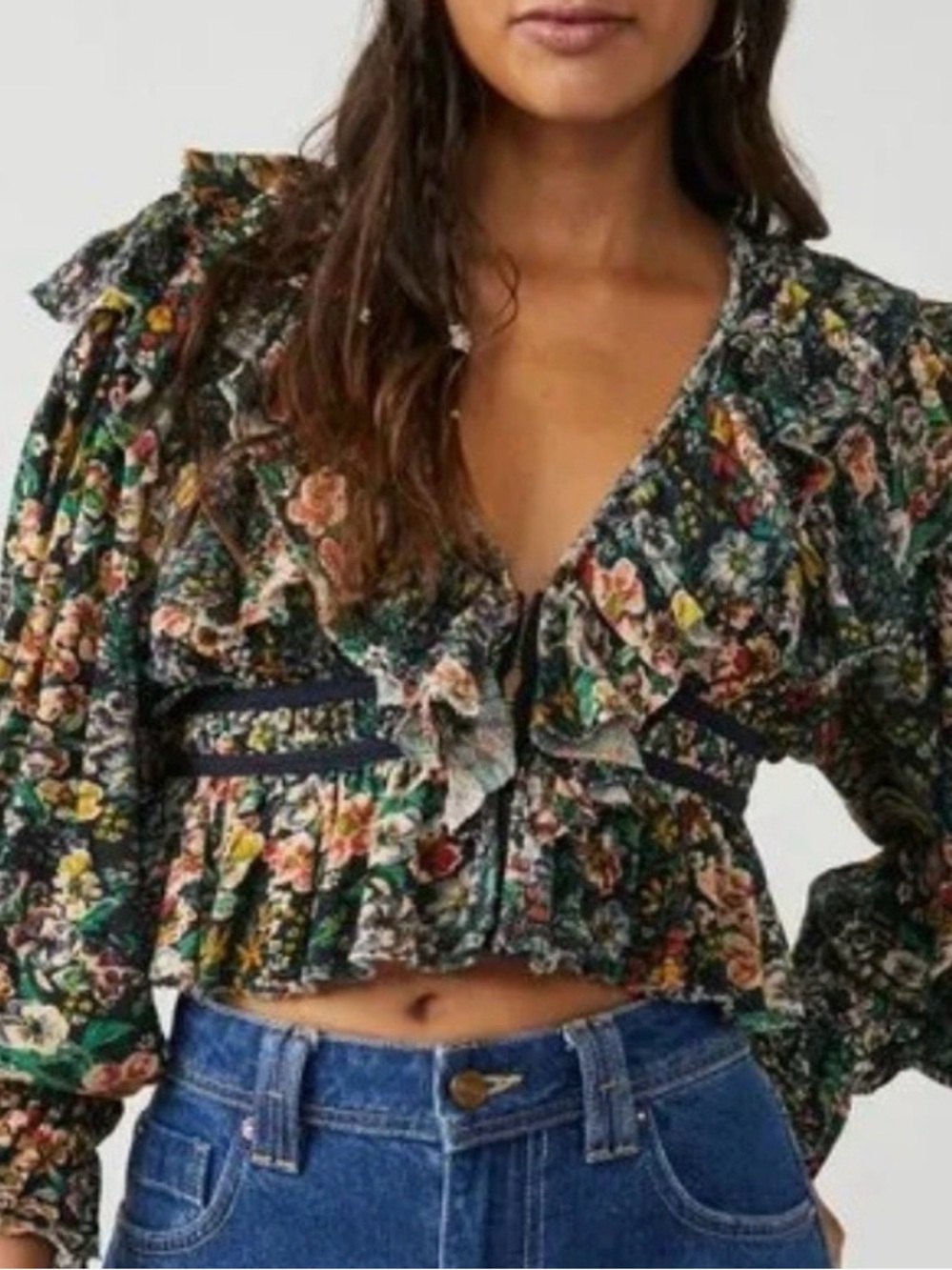 NWT! #890 FREE PEOPLE Rudi Midnight Garden Floral Ruffle Crop Peplum Blouse